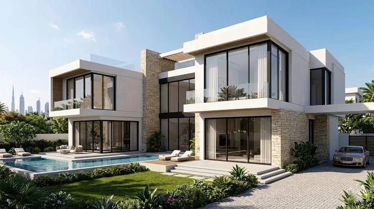 Modern Dubai property featuring aluminium frames, large glass windows, sliding doors, and contemporary exterior design