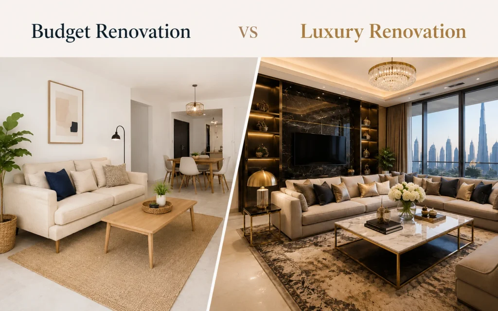 Budget renovation vs luxury renovation in Dubai showing modern home interior upgrade options