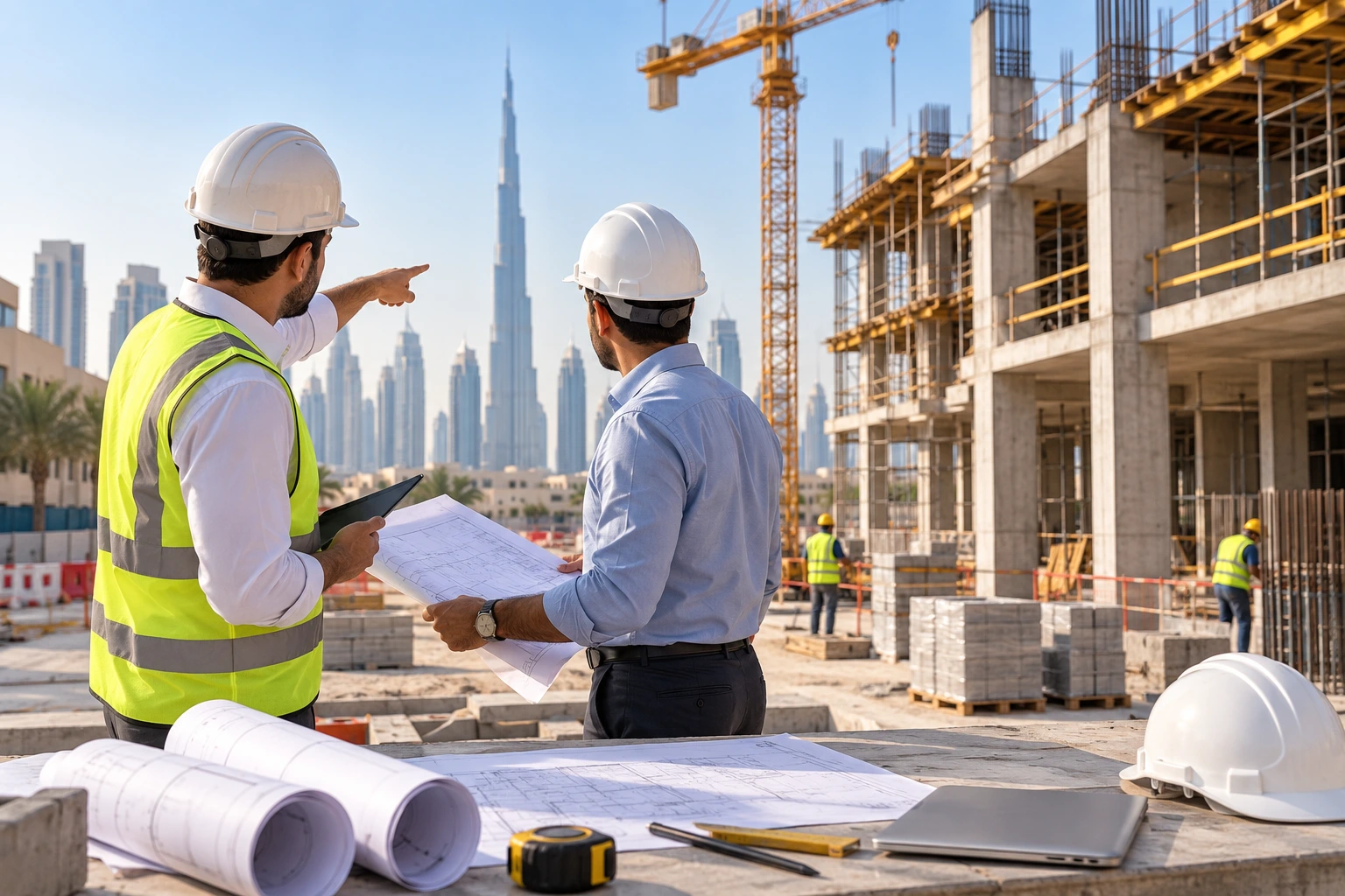 Construction companies in Dubai and general contractors comparing plans and managing building work on a modern construction site
