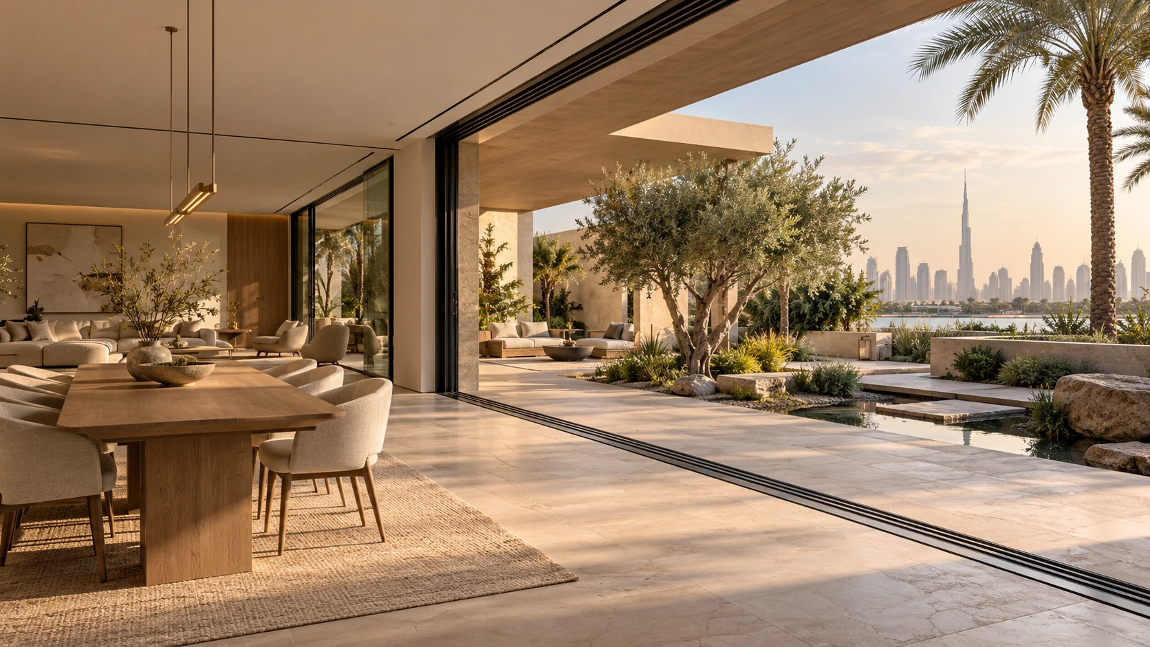 Modern minimal sliding doors with slim aluminium frames and large glass panels opening to a stylish Dubai outdoor space